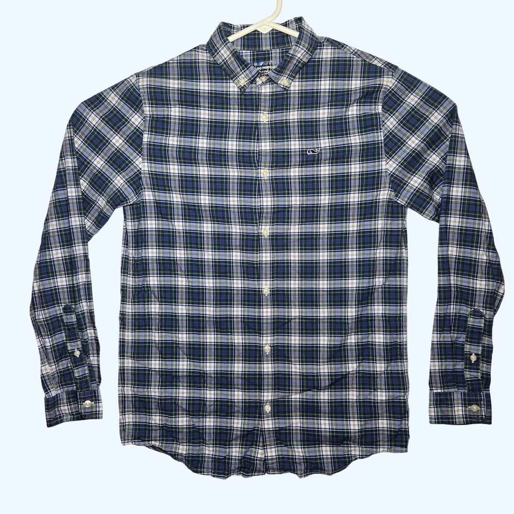 Vineyard Vines On The Go Performance Plaid Button Shirt Blue Green Boys Large 16